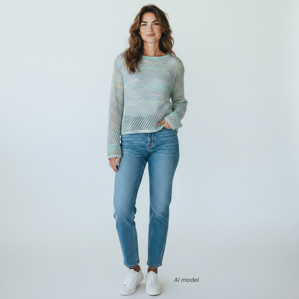 NIC+ZOE Sweater Womens Medium Blue Open Fish Net Knit Bateau Pullover TAGS $168